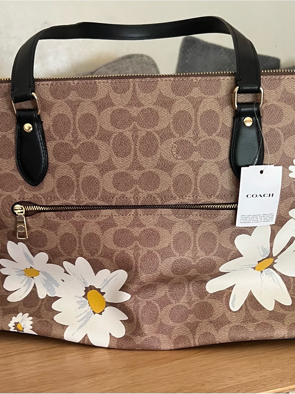 COACH Brown Daisy Print Tote with Black Handles and Gold Hardware - Picture 3 of 6